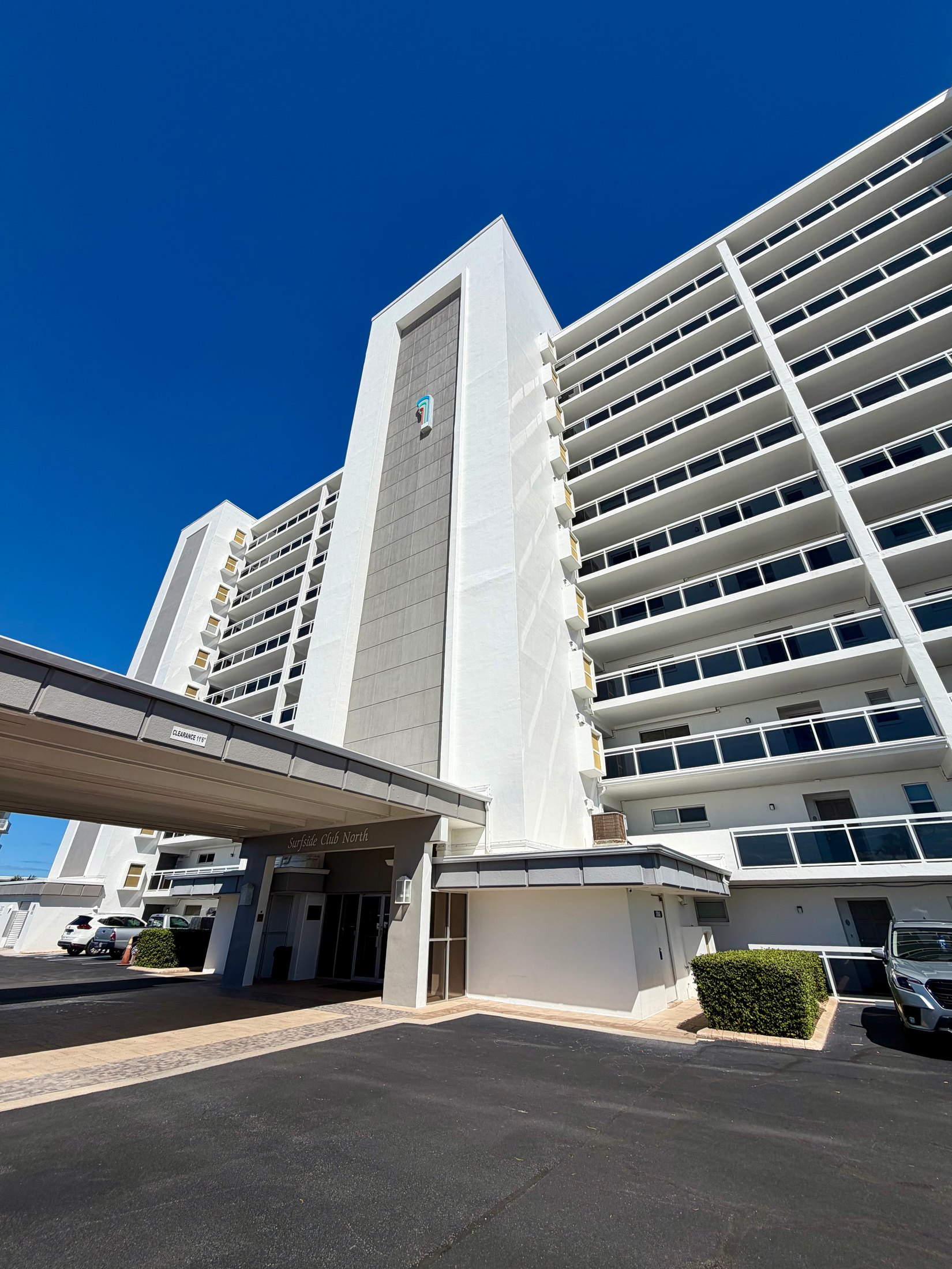 Upward view of the Surfside Club North condominium building